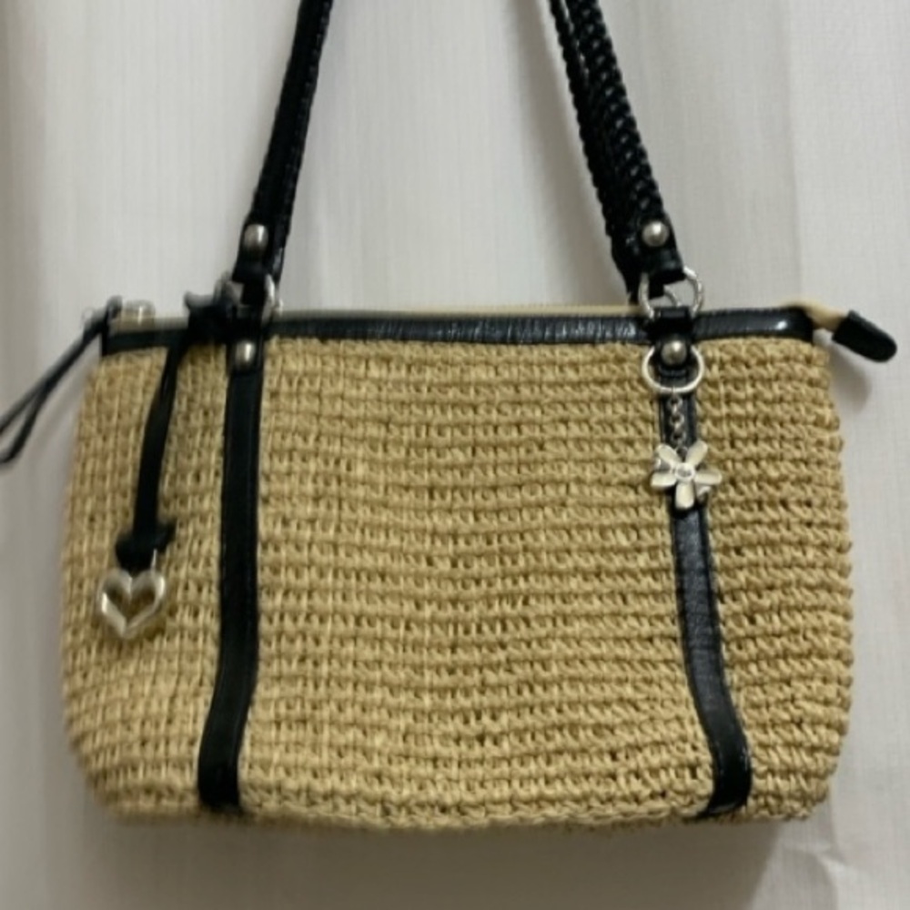 Brighton Black Leather & Natural Woven Straw Basket Tote Shoulder Bag